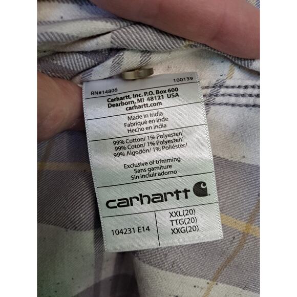 Carhartt Collarless Gray White Flannel 3/4‎ Sleeve Button Up Shirt Size 2XL - Picture 6 of 7